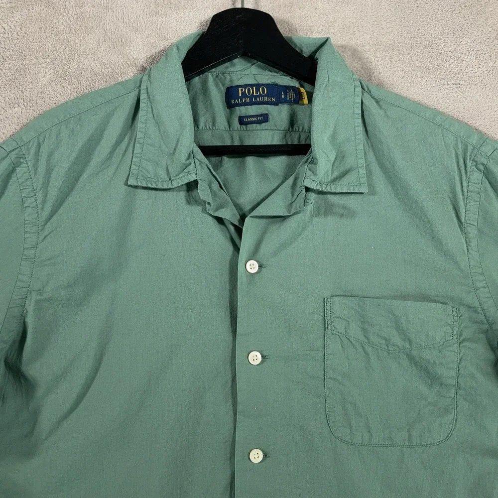Polo Ralph Lauren Camp Shirt Mens Large Green Button Down Short Sleeve Cotton